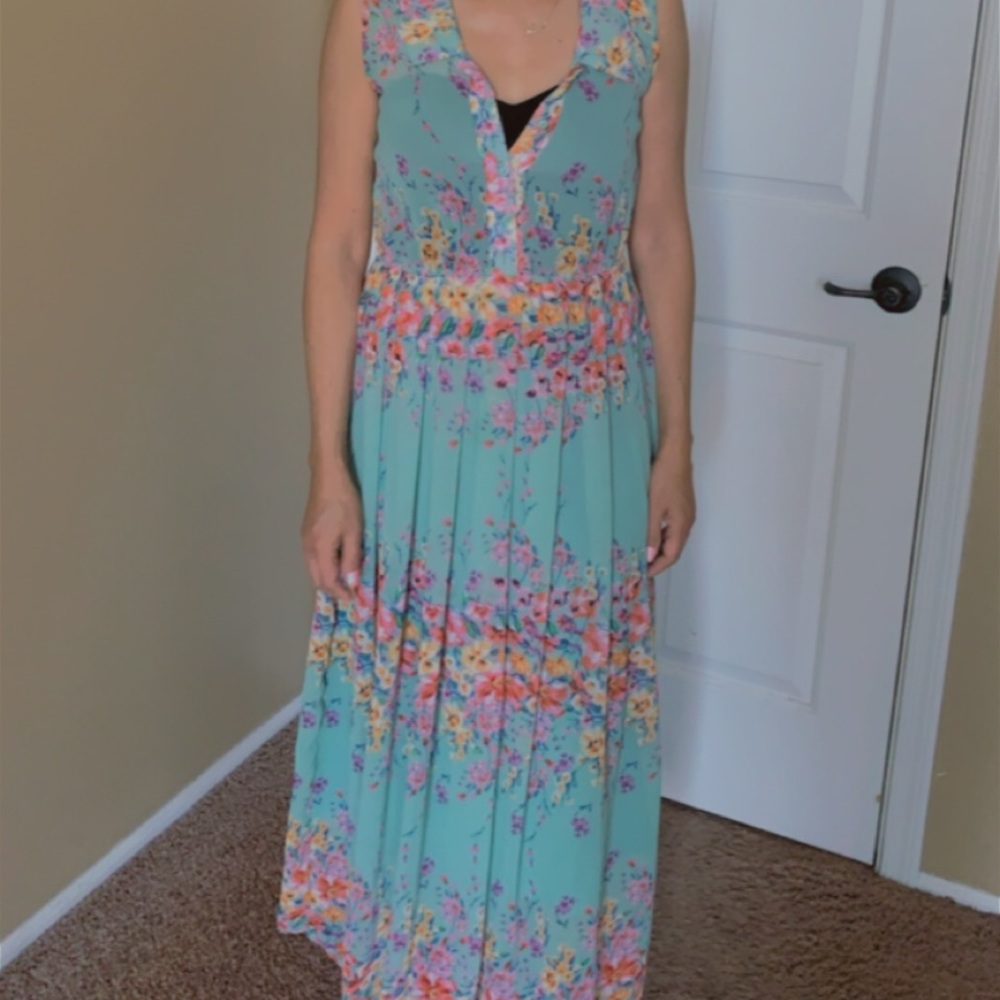 Green Floral Print Pleaded Dress
